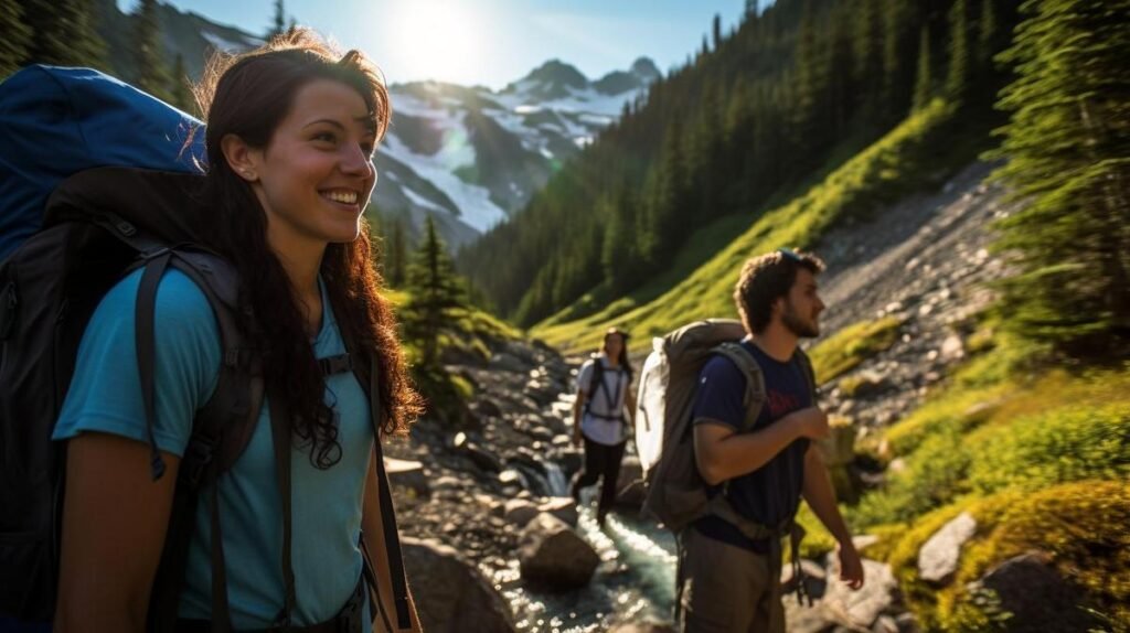 "Enchanting hiking experience: Beginners embracing nature's wonders amidst majestic mountains and cascading waterfalls."