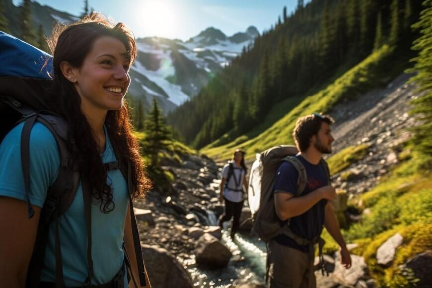 "Enchanting hiking experience: Beginners embracing nature's wonders amidst majestic mountains and cascading waterfalls."