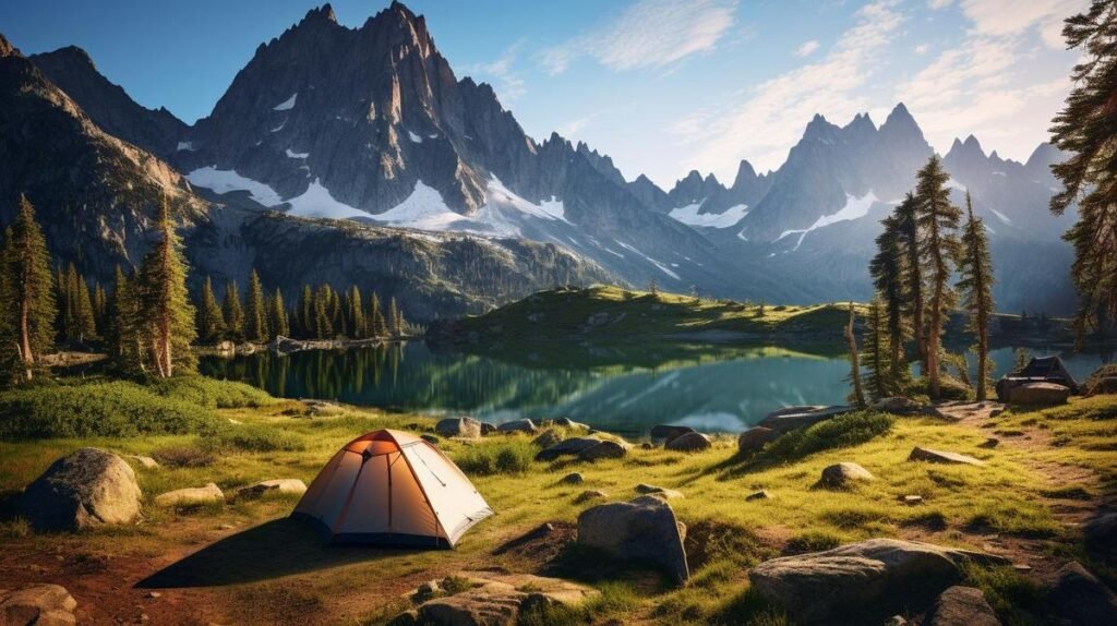 A hyperrealistic mountain camping scene that captures the essence of adventure and solitude.