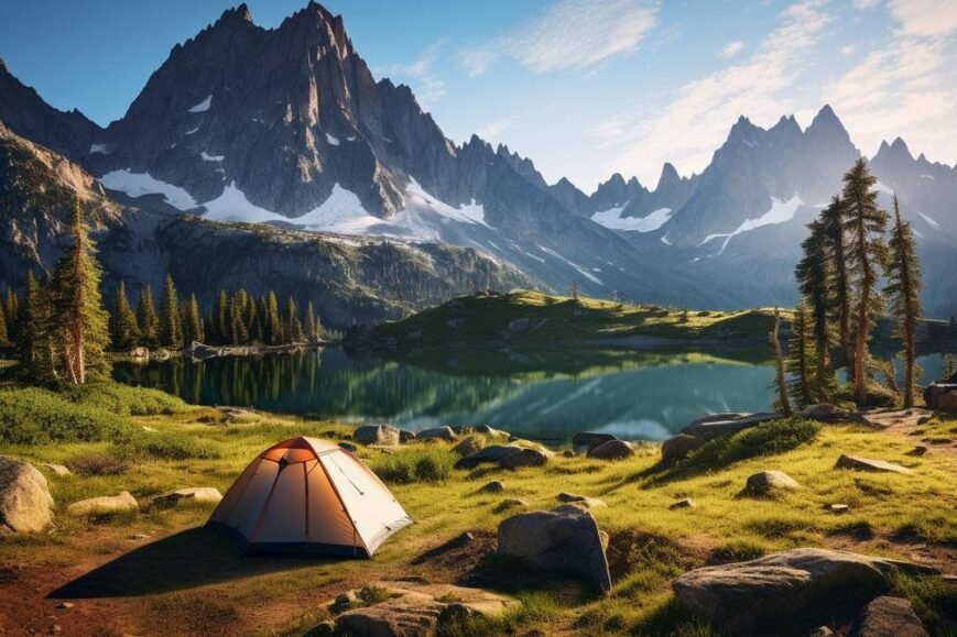 A hyperrealistic mountain camping scene that captures the essence of adventure and solitude.