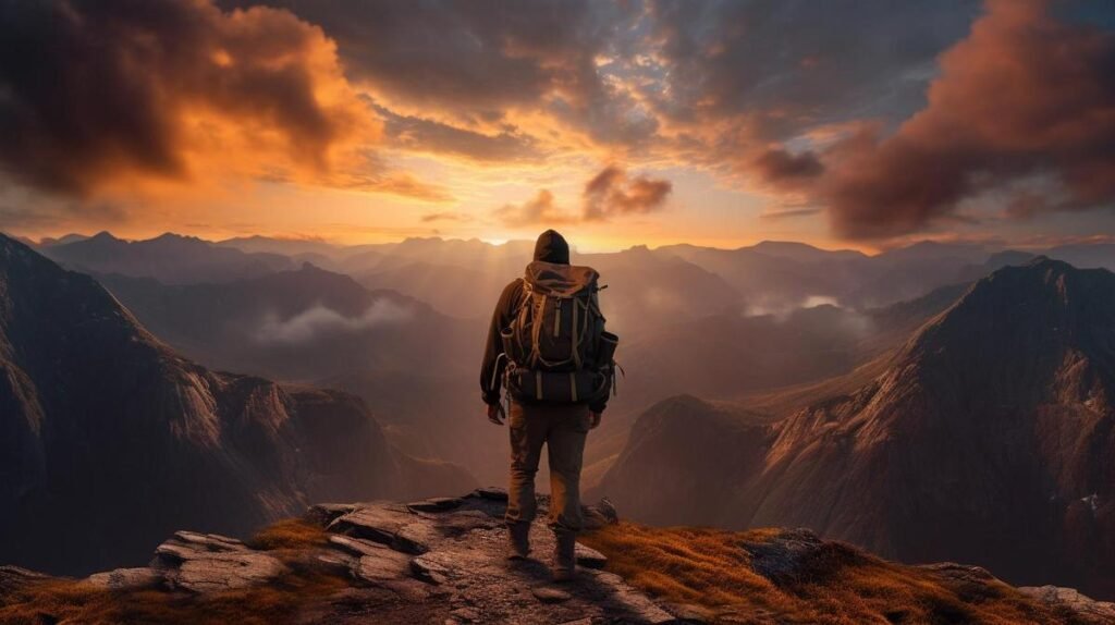 Awe-inspiring solitude and untouched wilderness - a lone hiker gazes upon nature's beauty.