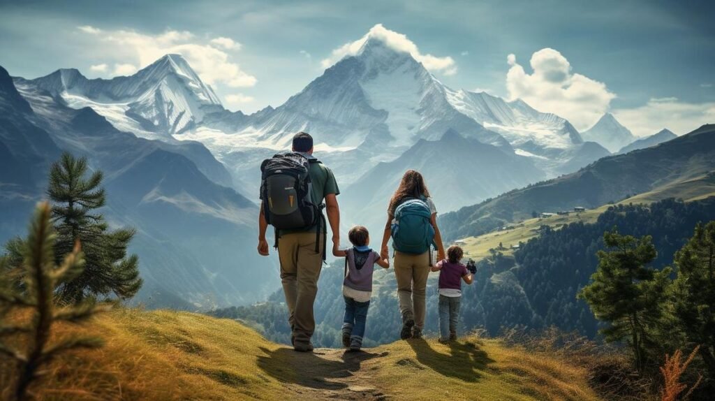 Happy family embarking on first trekking adventure, surrounded by awe-inspiring mountains and untouched wilderness.