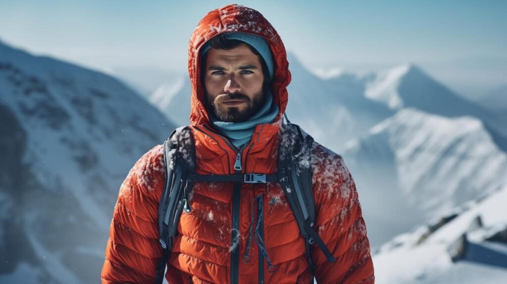 A determined hiker conquering a snow-covered peak in a customized cold weather outfit.
