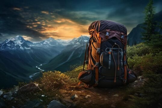 An immersive photo capturing a backpacker preparing for an overnight hike in nature.