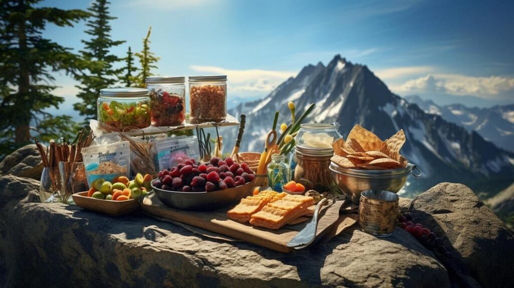 "Scenic mountain trail with nourishing trail foods and refreshing water bottles displayed on picnic table."