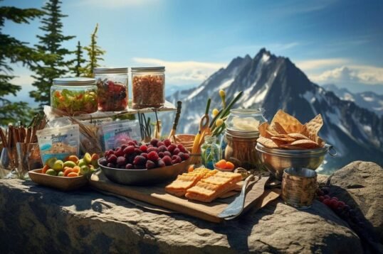 "Scenic mountain trail with nourishing trail foods and refreshing water bottles displayed on picnic table."