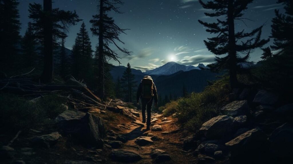 Backpacking under the starlit sky, capturing the allure of nocturnal adventure in nature.