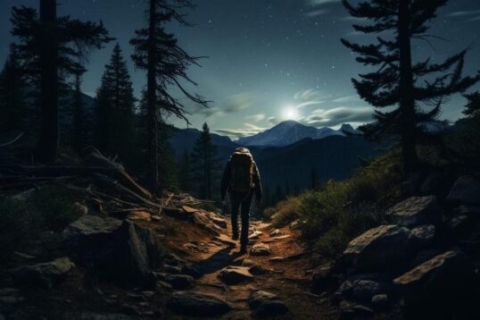 Backpacking under the starlit sky, capturing the allure of nocturnal adventure in nature.