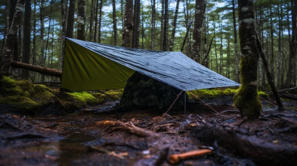 A mesmerizing hyperrealistic photograph showcasing the freedom and beauty of backpacking with a tarp.