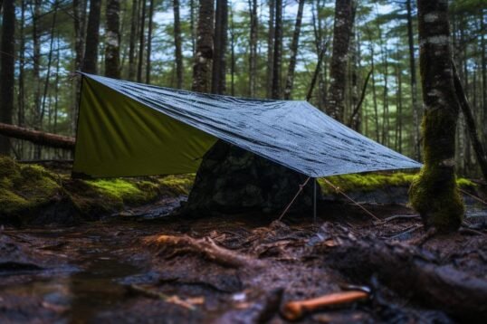 A mesmerizing hyperrealistic photograph showcasing the freedom and beauty of backpacking with a tarp.