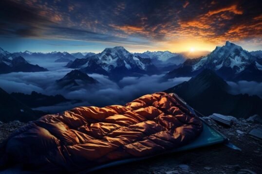A mesmerizing hyperrealistic photograph: a cozy sleeping bag in a serene campsite under starry night skies.