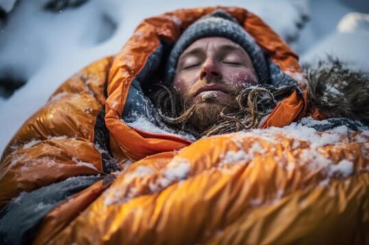 A mountaineer braving extreme cold, protected by an advanced sleeping bag.