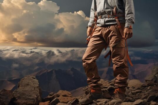 Adventurer navigating rugged terrain in convertible hiking pants, embodying durability and versatility.