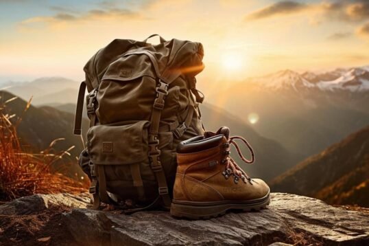 A captivating photo showcasing essential day hiking gear in a picturesque mountain setting.