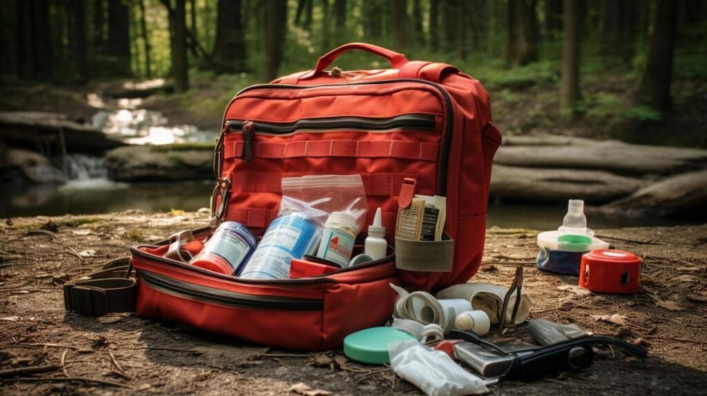 Hiking first aid kit with bandages, tapes, gauze, CPR mask, medications, and more.