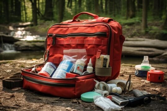 Hiking first aid kit with bandages, tapes, gauze, CPR mask, medications, and more.