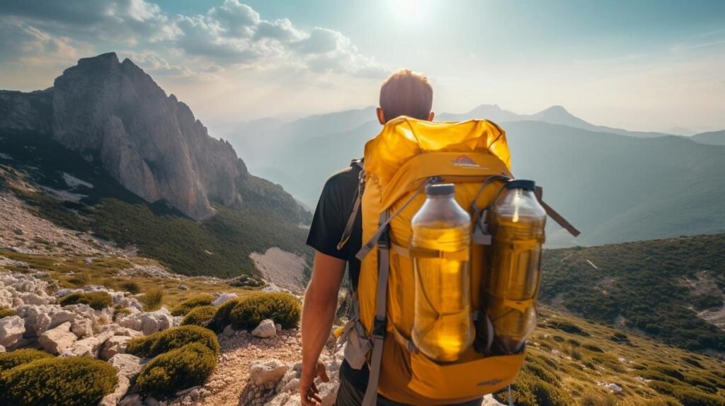 Hiker ascending steep trail with water bladder-equipped backpack in serene mountain landscape.