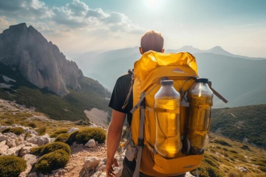 Hiker ascending steep trail with water bladder-equipped backpack in serene mountain landscape.