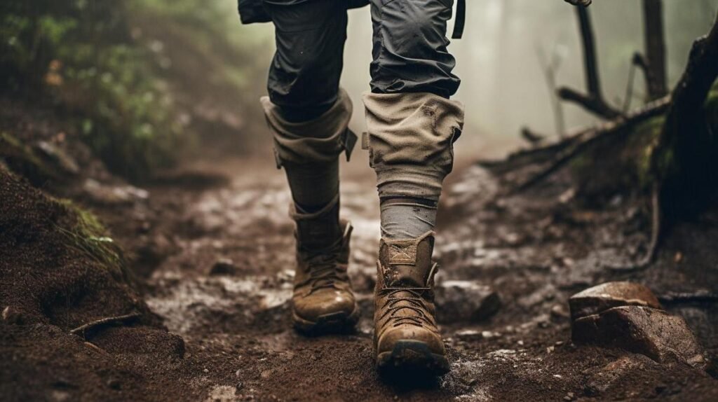 A hiker conquering rugged terrain with durable gaiters, symbolizing protection and comfort.