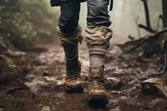 A hiker conquering rugged terrain with durable gaiters, symbolizing protection and comfort.