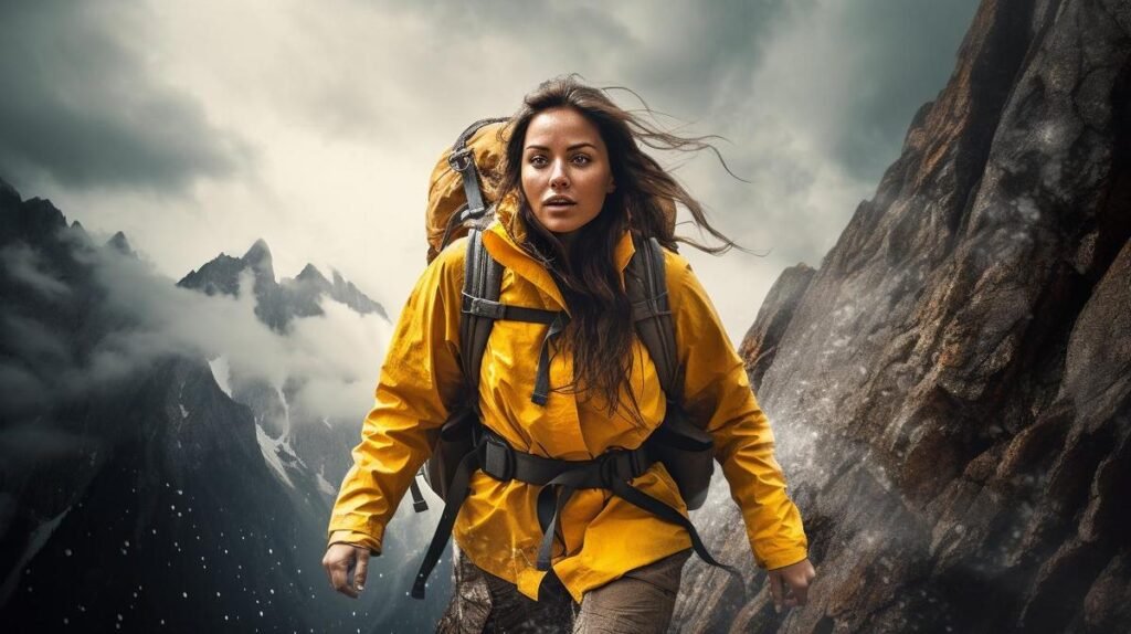 A fearless female hiker conquering rugged mountain peaks with determination and grace.