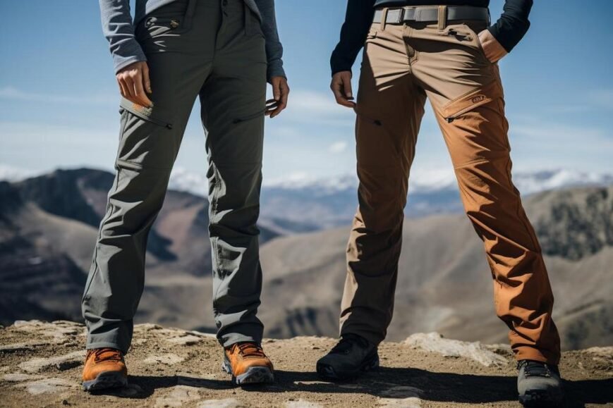 A stunning photograph capturing hikers conquering rugged terrain with specialized hiking pants.