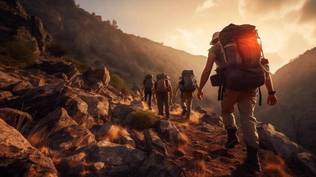 A group of beginners navigate a treacherous mountain trail, emphasizing hiking safety.
