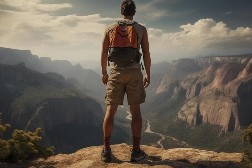 A fearless adventurer in hiking shorts, overlooking a majestic mountain vista on a cliff.