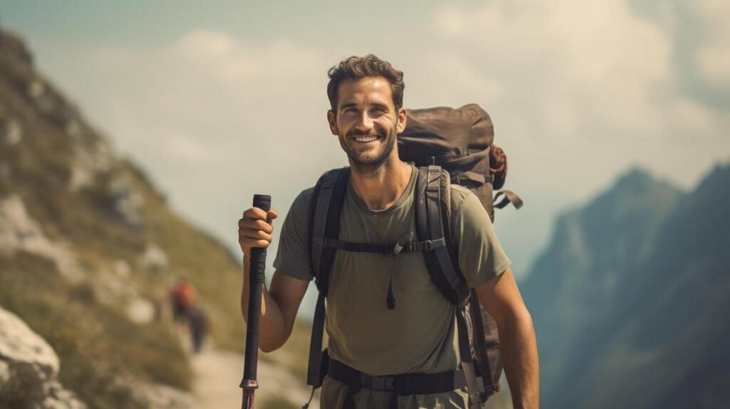 A hiker with a perfect hiking stick conquering challenging terrains effortlessly.