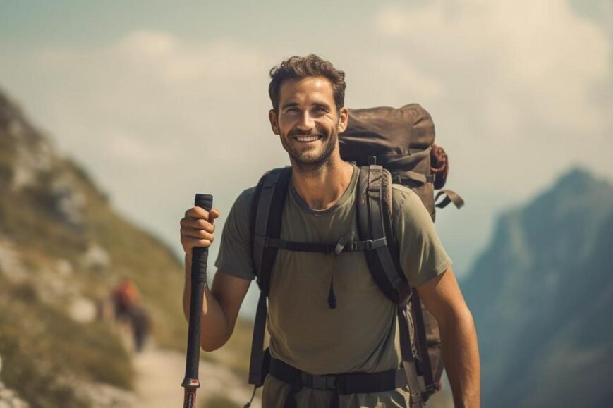 A hiker with a perfect hiking stick conquering challenging terrains effortlessly.
