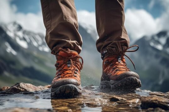 A determined hiker explores challenging terrain with lightweight waterproof boots.