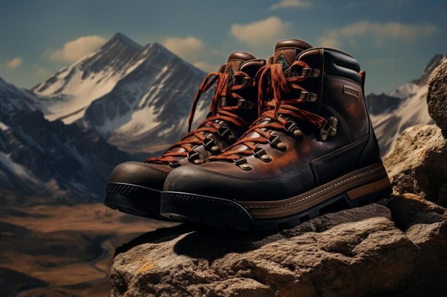 Men's leather hiking boots: a rugged fusion of style and functionality amidst breathtaking nature.