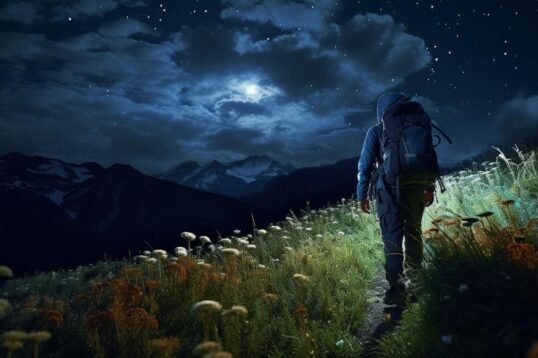A captivating photo of a lone adventurer night hiking with a headlamp.