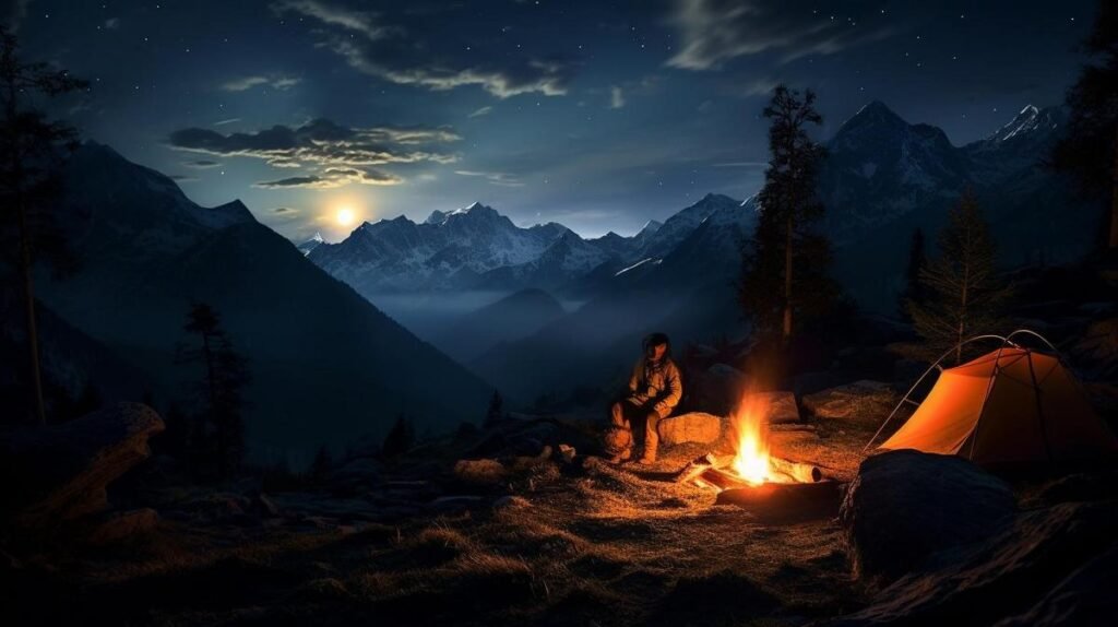 A weary hiker rests by a campfire, preparing a nourishing meal amidst a breathtaking wilderness.