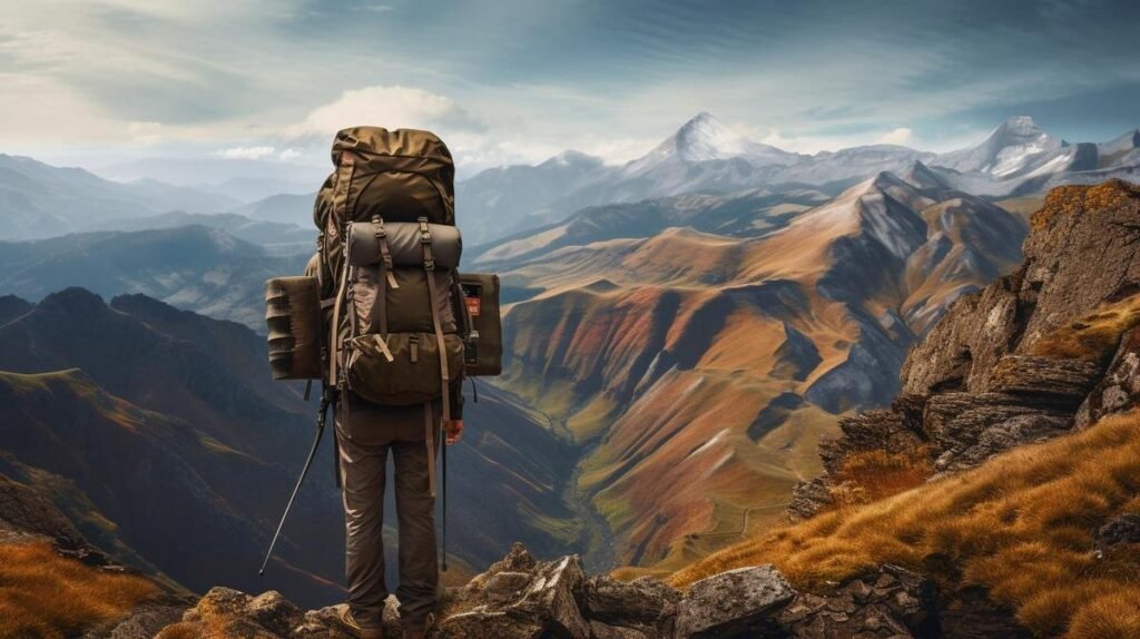 A captivating photo of a hiker on a long-distance thru-hike, showcasing majestic mountains and colorful nature.