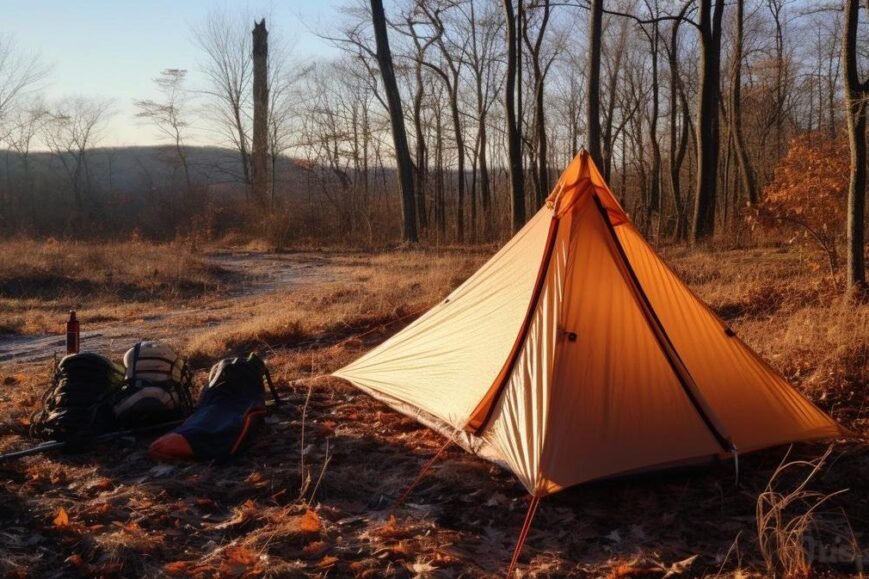 An immersive photograph of an ultralight backpacking tent blending with a scenic landscape.