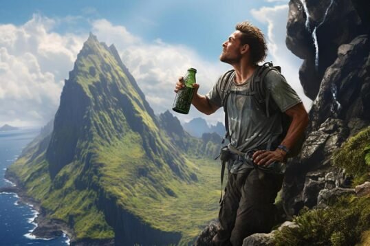 A hiker conquering a remote mountain peak, taking a refreshing sip from their hiking water bottle.