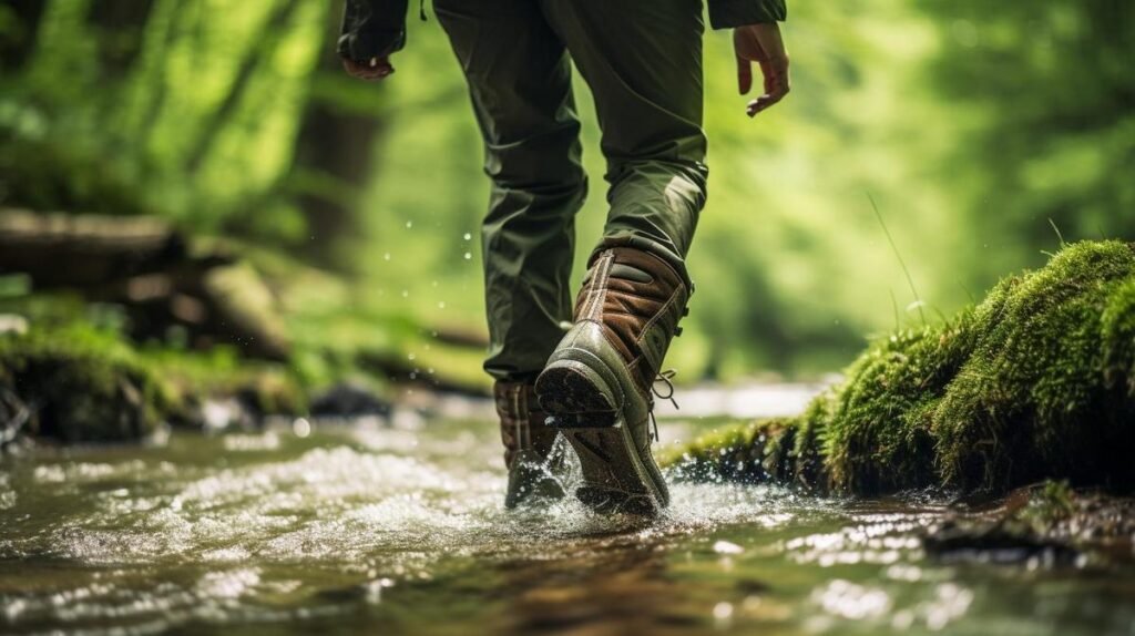 A fearless female adventurer hiking through rugged terrain with waterproof boots.