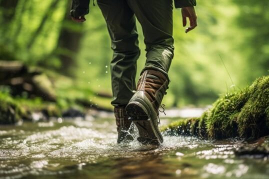 A fearless female adventurer hiking through rugged terrain with waterproof boots.