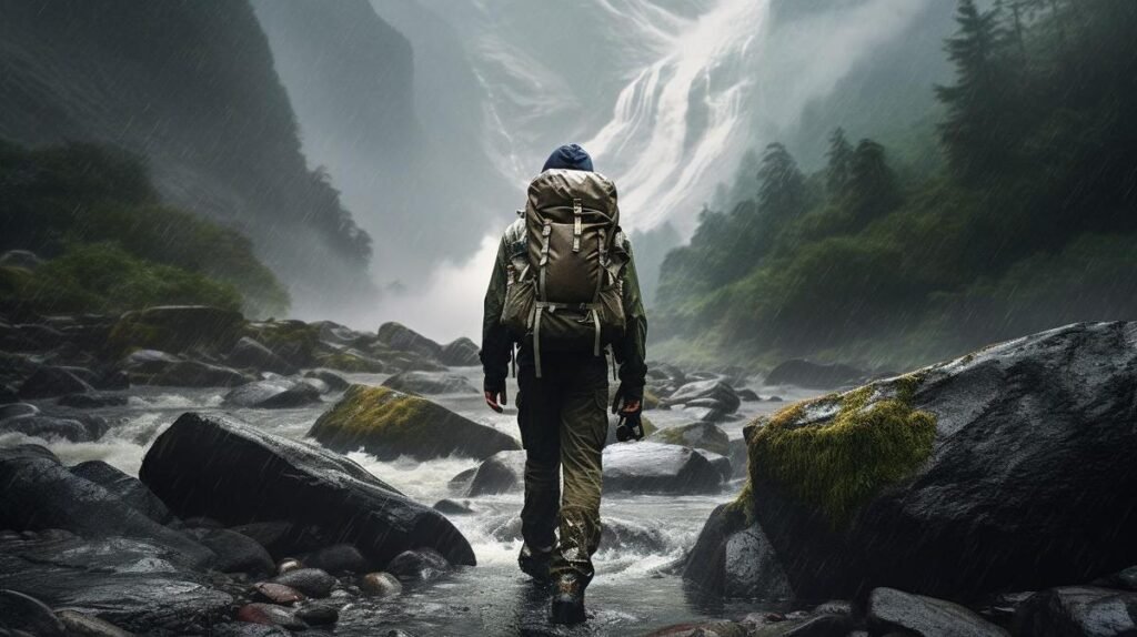 Intrepid explorer conquering treacherous terrains in waterproof hiking pants in pouring rain.