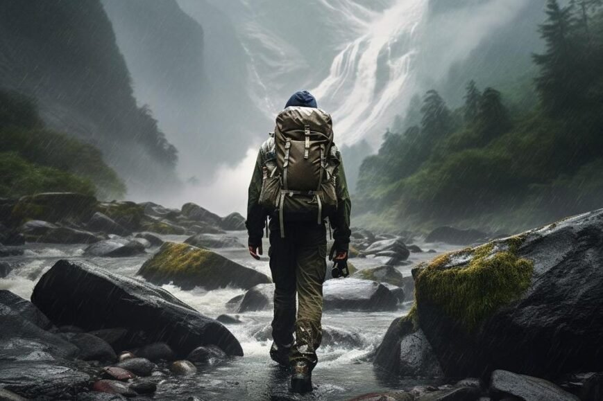 Intrepid explorer conquering treacherous terrains in waterproof hiking pants in pouring rain.