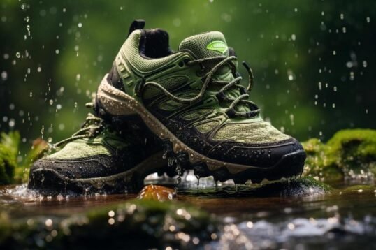 Waterproof hiking shoes keeping feet dry in lush forest; nature's raw beauty captured.