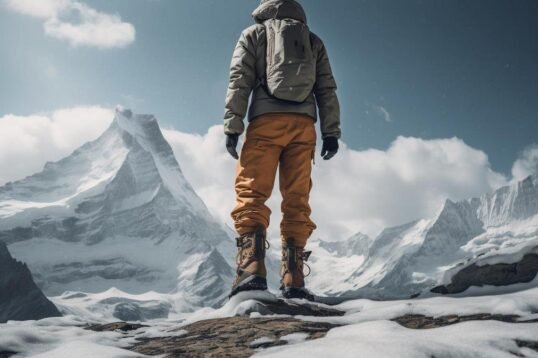 Winter adventurer conquering the cold in high-performance hiking pants amidst a breathtaking snowy landscape.