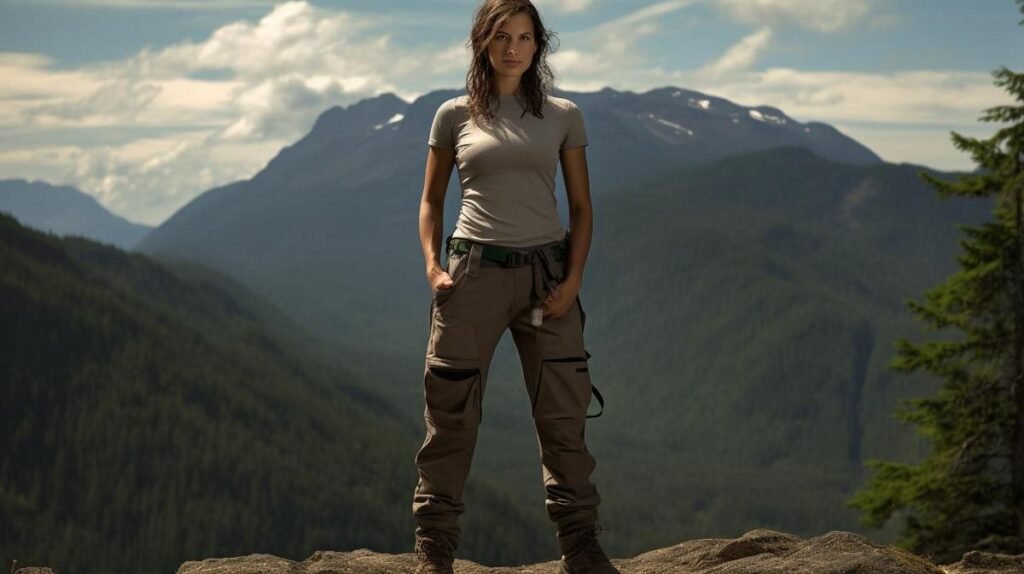 "A confident female hiker conquers rugged terrains in versatile women's convertible hiking pants."