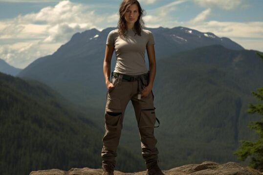 "A confident female hiker conquers rugged terrains in versatile women's convertible hiking pants."